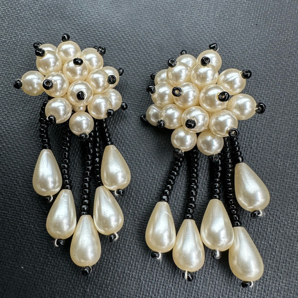 Vintage 1969 barrette, pearl clusters  and cascading beads clip on earrings